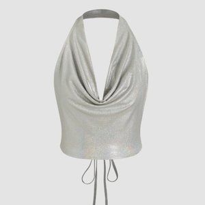 Cider NWT Sequin Cowl Neck Halter Knotted Crop Top | Size Medium